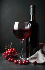 Obraz premium Red wine in glass next to bottle and fresh cherries on dark table. Deep color beverage poured for tasting. Relaxing after work or celebration drink.