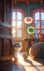 Curious kitten in sunlit living room