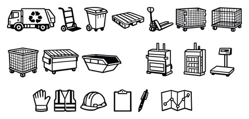 Recycling program collection equipment in linear style: recycling truck, hand truck, wheeled cart, pallet, pallet jack, storage cage. Vector icons