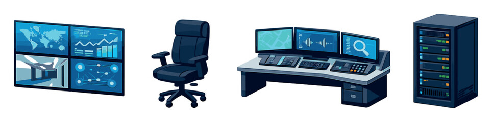 Security operations room setup in isometric flat style: monitor wall, office chair, control desk, server rack. Vector icons