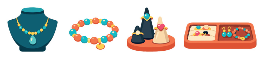 Artisan jewelry stall items in isometric flat style: necklace, bracelet, ring stand, display tray. Vector icons