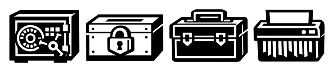 Secure payroll handling in bold style: safe, lockbox, briefcase, paper shredder. Vector icons