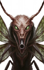 Demon-like insect with glowing eyes and horns