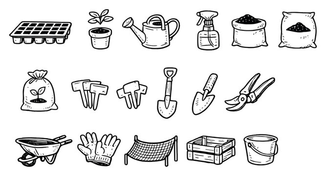 Forestry management nursery supplies in doodle style: seed tray, sapling pot, watering can, spray bottle, soil bag, fertilizer sack, plant. Vector icons