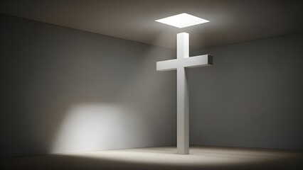 A solitary white cross in a dimly lit room with a single spotlight