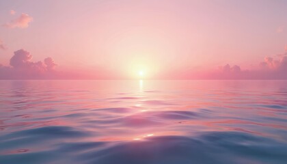 Obraz premium Ocean water reflects pink and purple sky at sunset. Gentle waves ripple on the sea surface. Calm horizon line divides sea and pastel colored clouds.