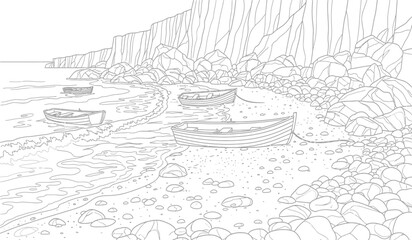 Fototapeta premium A serene landscape illustration of a rocky shoreline with trees and a body of water in a simple line drawing style