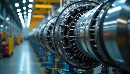 Obraz premium Close-up view of jet engine components assembly line in aerospace factory. Precision-made metallic parts form complex machinery. Manufacturing process for aircraft turbines in clean industrial