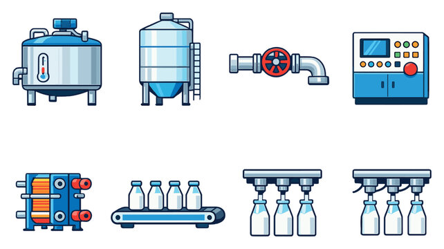 Milk processing plant machinery in flat style: pasteurizer tank, storage silo, stainless pipe, valve wheel, control cabinet, heat. Vector icons