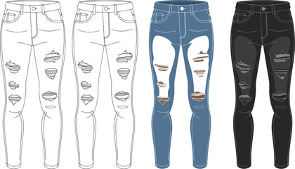 Ripped skinny jeans vector set showing distressed denim pants styles, fashion illustration collection in outline, blue and black colors isolated on white background