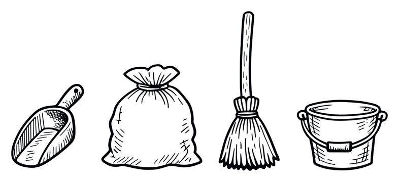 Backyard poultry keeping supplies in doodle style: grain scoop, feed sack, broom, bucket. Vector icons