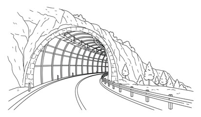Obraz premium A black and white line drawing of a train tunnel with a road and guardrail on the right side
