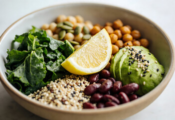 Vibrant Buddha Bowl with Avocado Kale Quinoa and Beans Keywords: buddha bowl, healthy food, quinoa