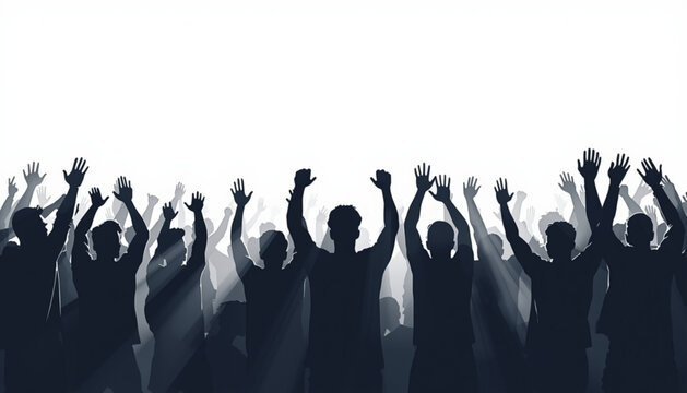 A vector graphic illustration of a crowd of people with their hands raised in the air, depicted in silhouette against a white background.