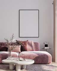 Obraz na płótnie Canvas Modern Living Room Poster Frame Mockup with Natural Light and Minimalist Decoration. 3D render.