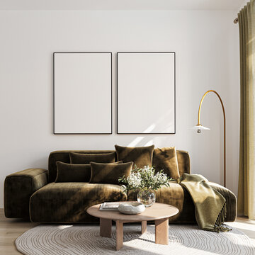Modern Living Room Poster Frame Mockup with Natural Light and Minimalist Decoration. 3D render.
