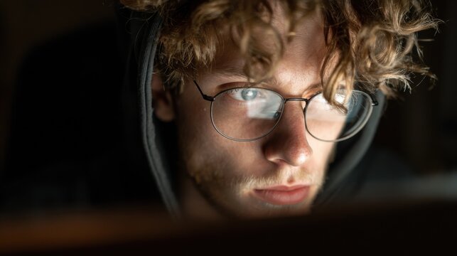 a young 20 year old nerdy tech guy locked in and focused on a computer monitor, he is intensely focused on what he is seeing

