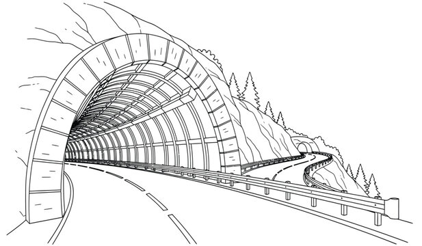 A black and white illustration of a train tunnel through a mountain with tracks and a curved ceiling