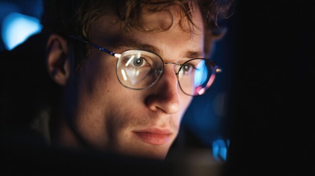 a young 20 year old nerdy tech guy locked in and focused on a computer monitor, he is intensely focused on what he is seeing
