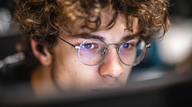 a young 20 year old nerdy tech guy locked in and focused on a computer monitor, he is intensely focused on what he is seeing
