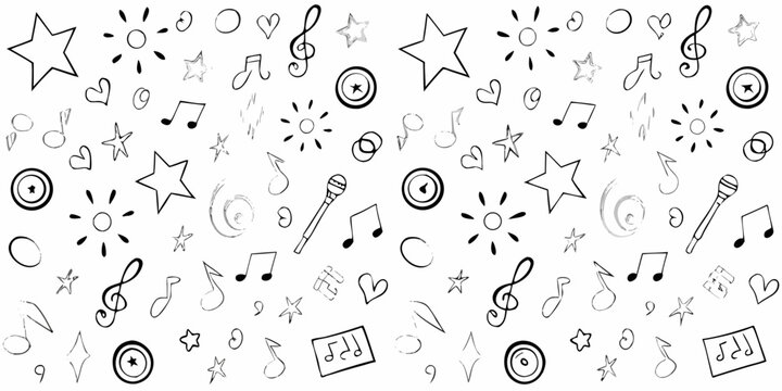Musical notes stars and instruments in a playful black and white pattern
