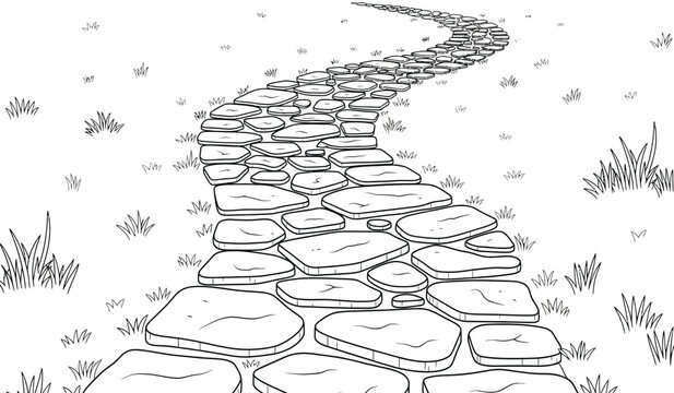 A black and white illustration of a stone pathway through a field with grass and weeds on either side leading up to the distance