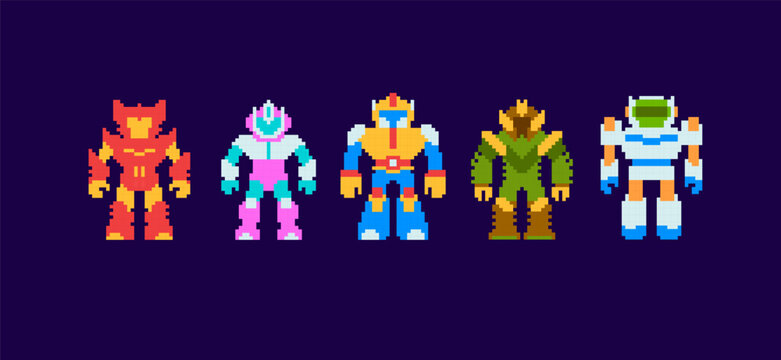Collections of Pixel Art Anime Super Heroes avatars,  Monsters characters and Japanese Robots in 8-bit retro video game style - editable vector pixel graphics