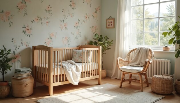 Nursery room with wooden crib floral wallpaper and rattan chair near large window. Light pastel linens cozy quilt and plants create serene peaceful atmosphere for baby.