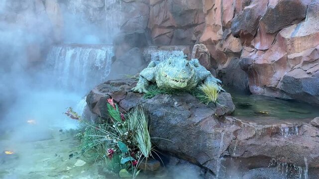 Large animatronic alligator rests on rock ledge beside cascading waterfall in a theme park lagoon. Colorful plants, mist and stone cliffs surround the green reptile statue.