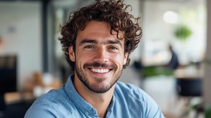 Obraz premium A smiling man with curly hair and a beard in a modern office setting looking happy and relaxed