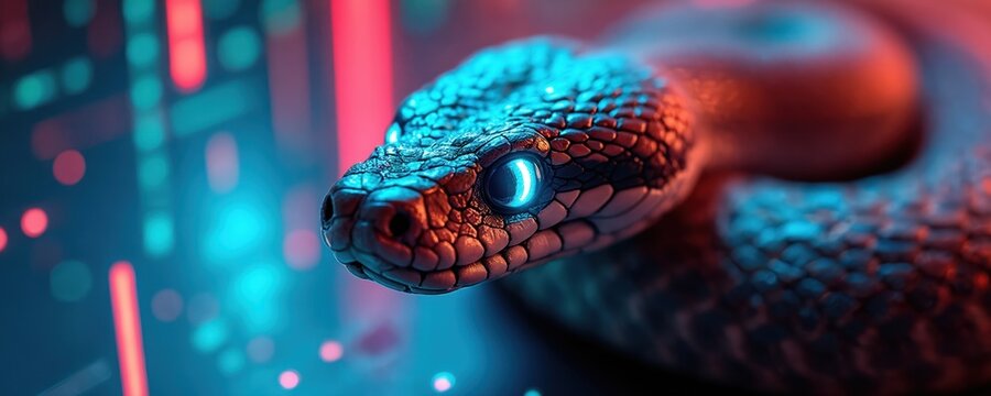 Close up on snake head with glowing neon eye. Futuristic digital background with red and blue code lights. Reptile emerges from cyber space.