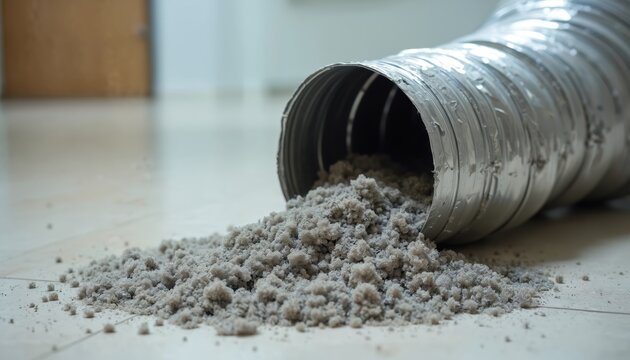 Flexible aluminum dryer vent duct spills grey lint dust and debris onto clean floor. Clogged ventilation system needs cleaning. Fire hazard issue, home maintenance.
