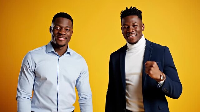 Two joyful black men fist bumping in front of a yellow background.