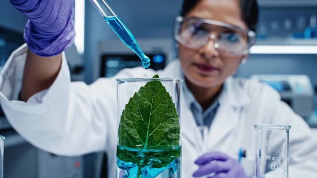 Researcher conducts experiment with plant in laboratory using test tubes and equipment for scientific study on a weekday