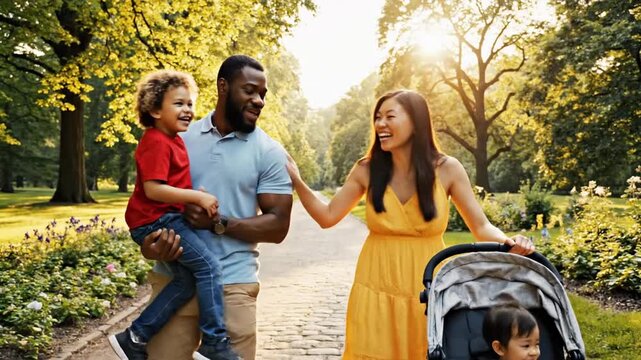 Family walks in park with children and stroller during sunny afternoon in summer