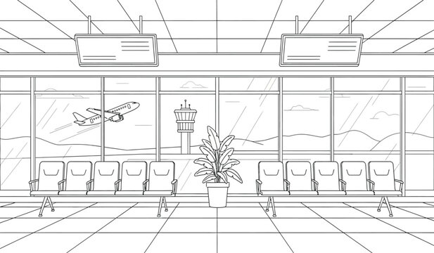 A black and white line drawing of an airport lounge with a potted plant and chairs in front of a large window with a plane taking off outside