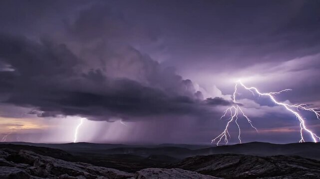 Lightning strikes over rocky landscape during storm in the evening sky