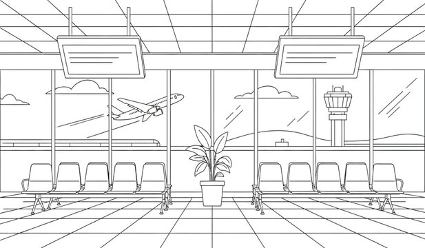 A black and white line drawing of an airport terminal interior with seating area and large windows showing a plane taking off outside