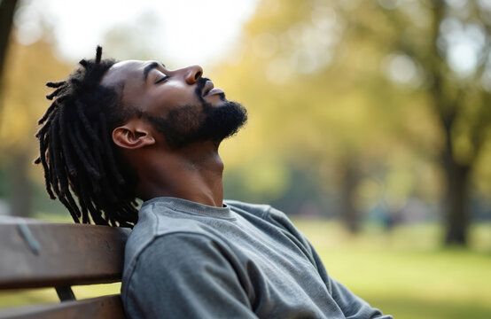 Black man with dreadlocks sits on park bench eyes closed in peaceful repose. Tilts head back, taking deep breath of fresh air, finding moment of quiet solitude. Posture suggests deep thought