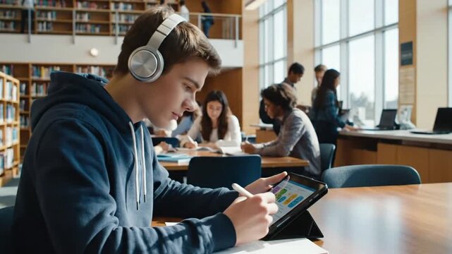 Student studies on a tablet with headphones in a busy school library