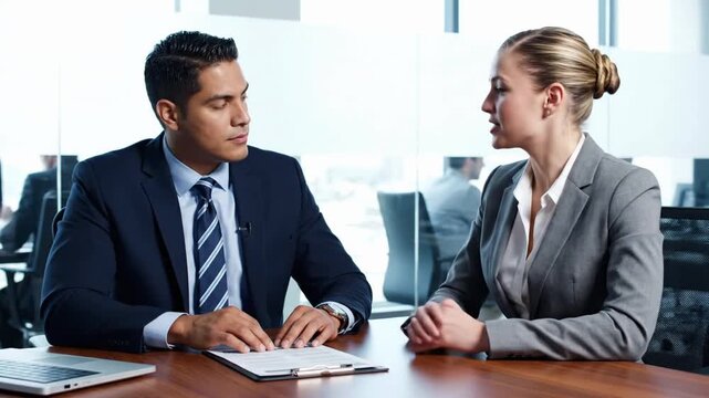 Two professionals discuss plans in a modern office during a weekday meeting with charts on the table
