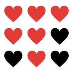 A collection of red and black hearts on a white background