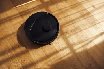 Robot Vacuum Cleaner on Wooden Floor With Sunlight Casting Shadows in Modern Living Room