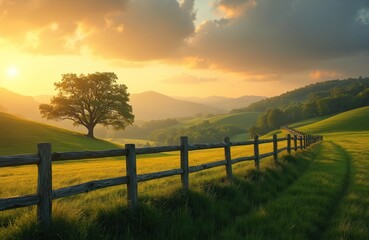 Obraz premium Wooden fence runs through green rolling hills and fields under a golden sunset sky. A large tree stands on a grassy slope near distant mountains.