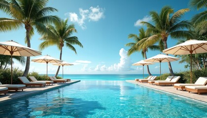 Obraz premium Infinity pool overlooks blue ocean water under clear sky with clouds. Palm trees and white umbrellas surround lounge chairs. Tropical resort offers relaxation and sunny vacation.