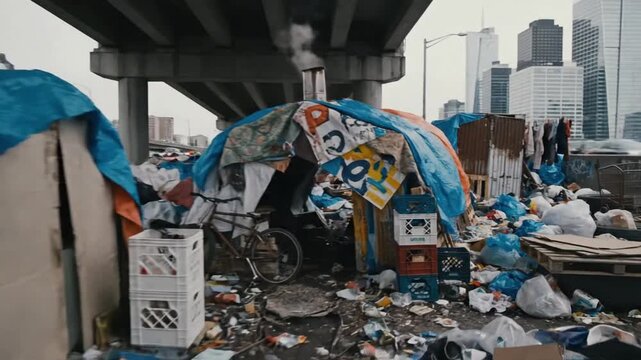 Challeges of urban living in a city with trash, tents, and buildings around