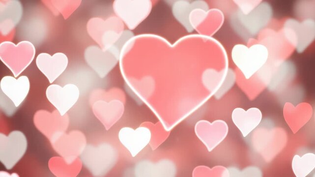 A large pink heart surrounded by smaller pink and white hearts on a pink background with a soft focus