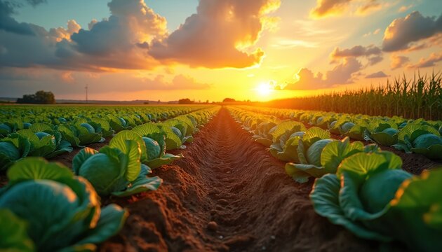 Rows of cabbages grow on farm field at sunset. Golden sun sets behind clouds over green agricultural land. Corn stalks reach high near growing vegetables.