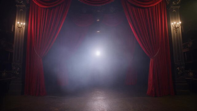 A dimly lit stage with red curtains and a bright spotlight shining through the opening, illuminating the floor