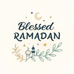 Blessed Ramadan Greeting with Mosque, Crescent Moon and Stars Illustration